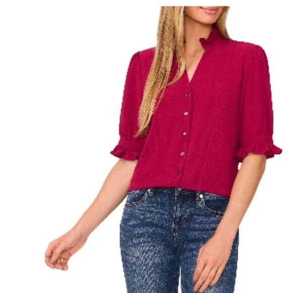 CeCe Tops - CeCe Red Sangria Burgundy Short Sleeve Button Down Shirt size Medium NWT
